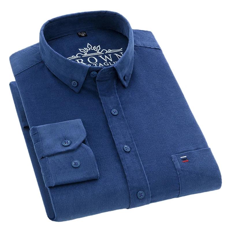 Autumn Winter Men Long Sleeve Regular Fit Business Solid Corduroy100%  Cotton Casual Shirt for Mens Office Shirts with Pocket