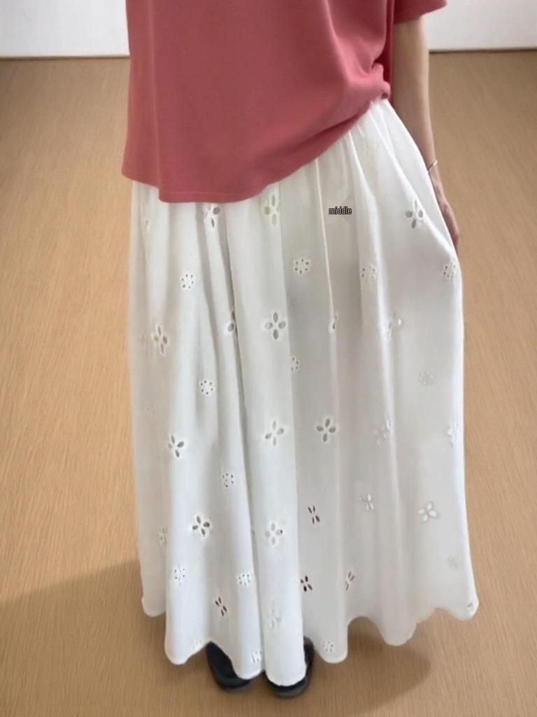 2026 Spring White Elegant Embroidered Midi Skirt: Women's High Waist Hollow Flower Draping Design