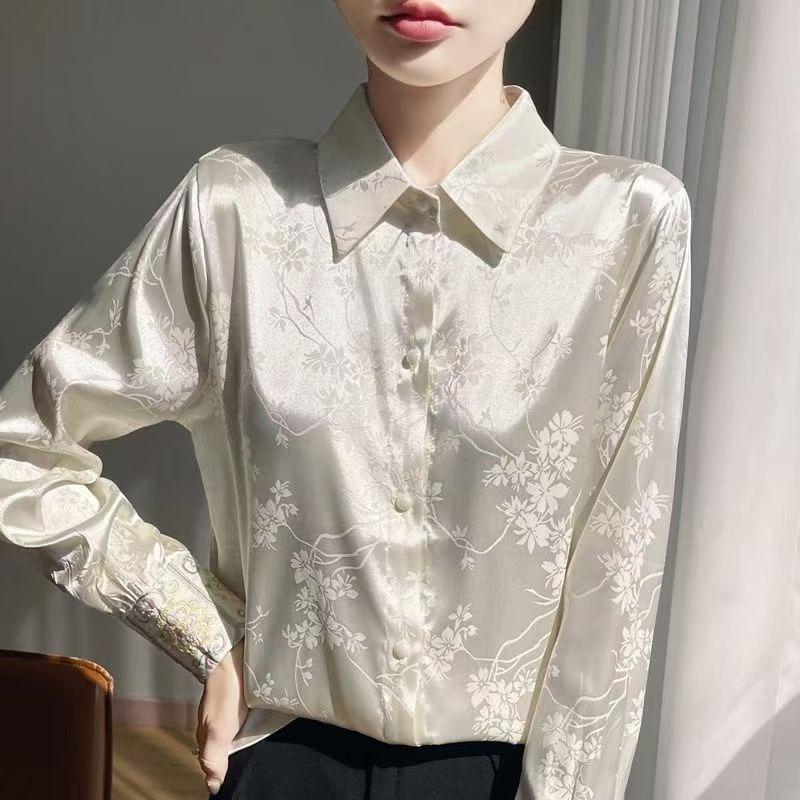 Women's New Jacquard Satin Shirt Lady's Long Sleeved Single Breasted Blouses Turn-down Collar Thin Fashion Versatile Top
