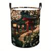 2D Flat, Large Capacity Foldable Laundry Basket with Handles - Japanese Garden & Cherry Blossom Design, Durable Polyester Storage for Laundry, Toys, a