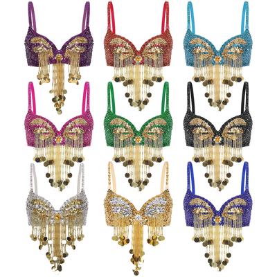 Kadın Parlak Payetler Boncuklu Püsküller Göbek Dansı Performans Kostümü Balenli Sütyen