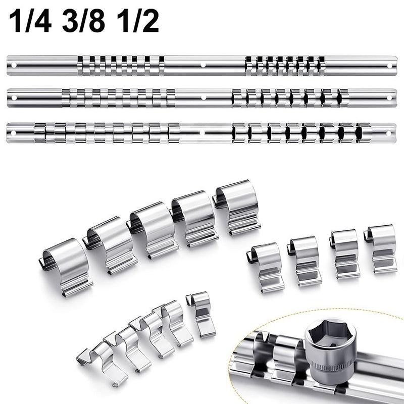 3/8 Inch Socket Storage Rack Stainless Steel With 8/10/11 Clips Socket Storage Rack For Storing Loose Socket Rail