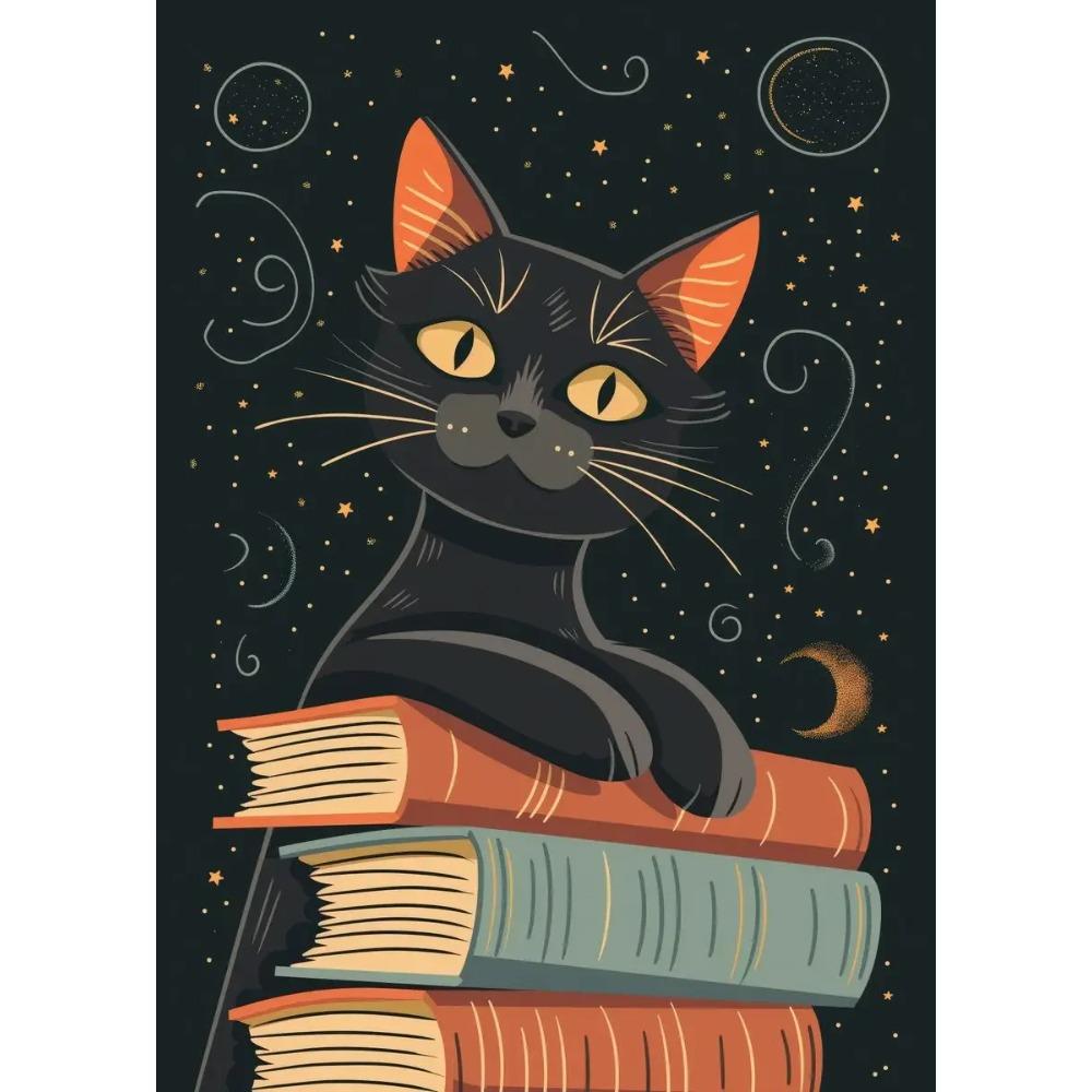 1pc Frameless Canvas Painting  Cartoon Cat with Books Poster Print Canvas Painting Wall Art Picture Library Bookstore Room Decor