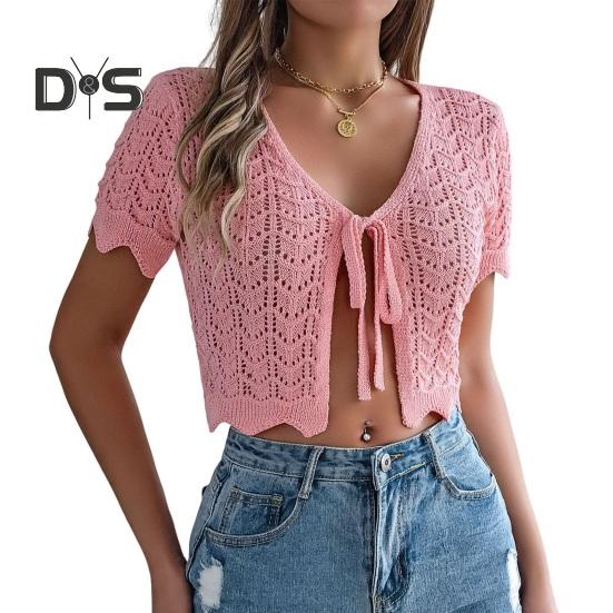 

Женские топы крючком с коротким рукавом, на шнуровке, ажурный дизайн, трикотажные топы с защитой от солнца, летние топы для отдыха M розовый