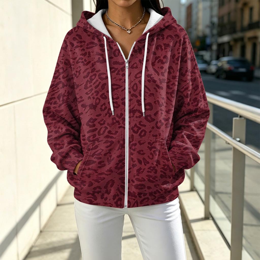 Women's Casual Loose Fit Printed -Lined Hooded Zip-Up Cardigan