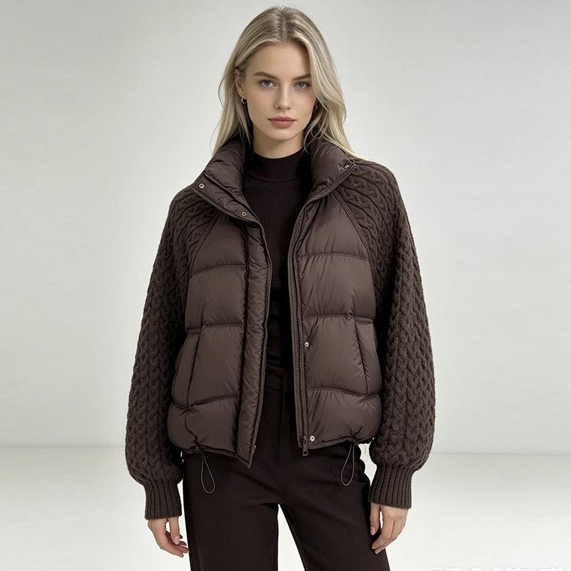 European and American knitted sleeves splicing down jackets women's short winter fashion stand-up collar warm white duck down tops are popular