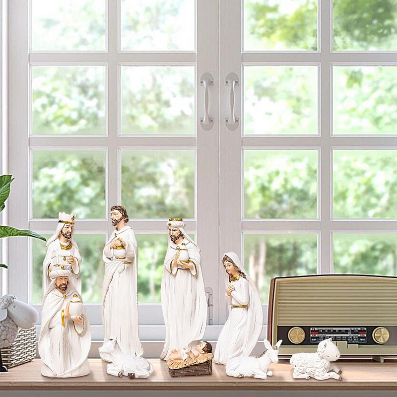 Nativity Scene Figurines Family And Angel Statue 9X Construction Indoor Resin Holiday Decor Indoor Sculpture For Religious Decor