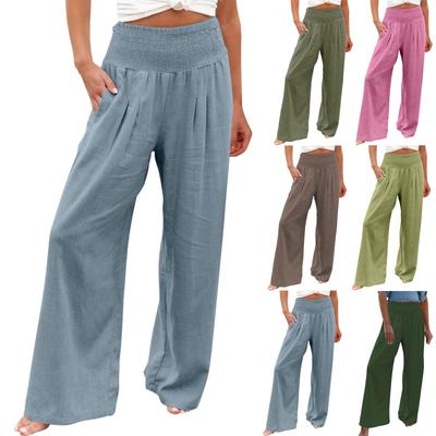 (Qunide) High Waisted Pants For Women Stretchy Wide Leg Palazzo Pants Casual Comfy Beach Pants Trousers