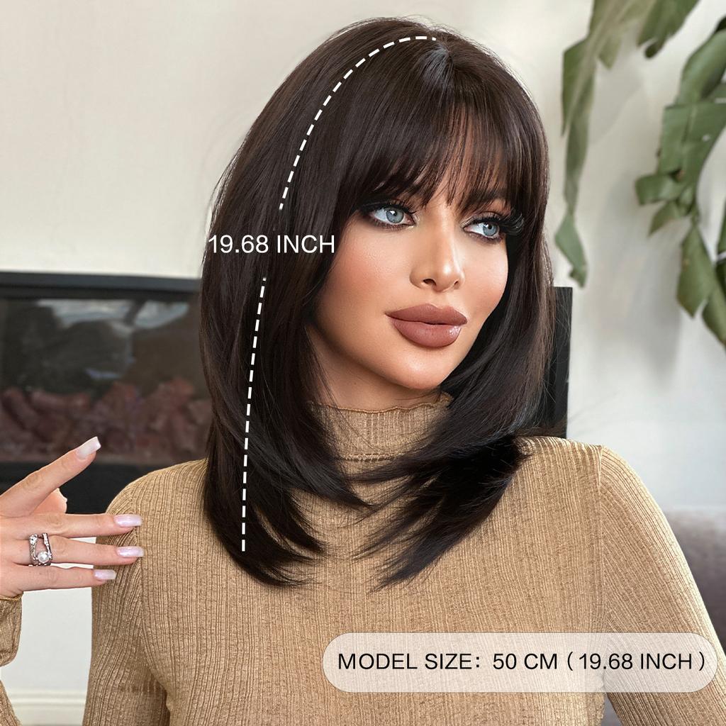 Dark Tea Brown Shoulder Length Straight Wig for Women - Layered Design Daily Outdoor Realistic Hair Full Cap Natural Wig