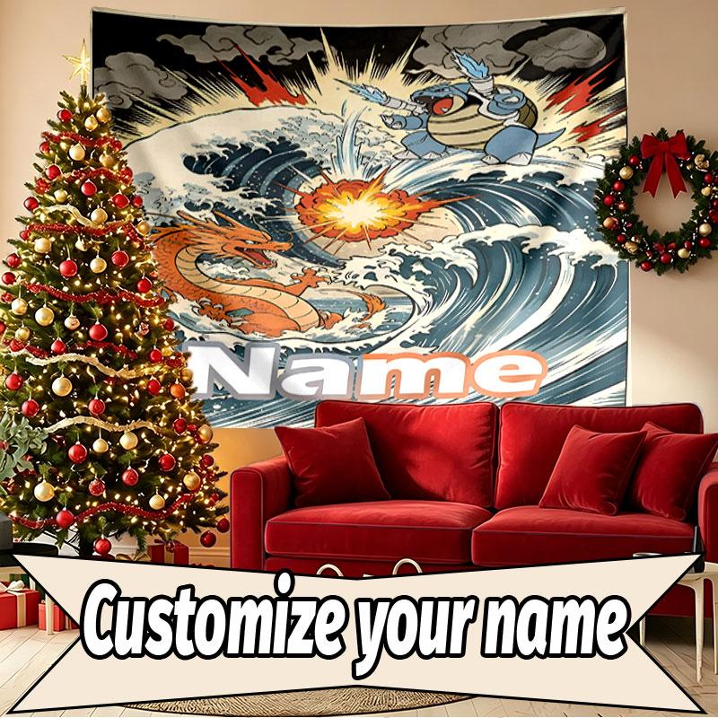 Custom Name Personalized Charizard VS Blastoise Print Tapestry, Wall Art Decor, Bedroom, Dorm, Apartment, LivingRoom, Party Backdrop, Gift for Birthda
