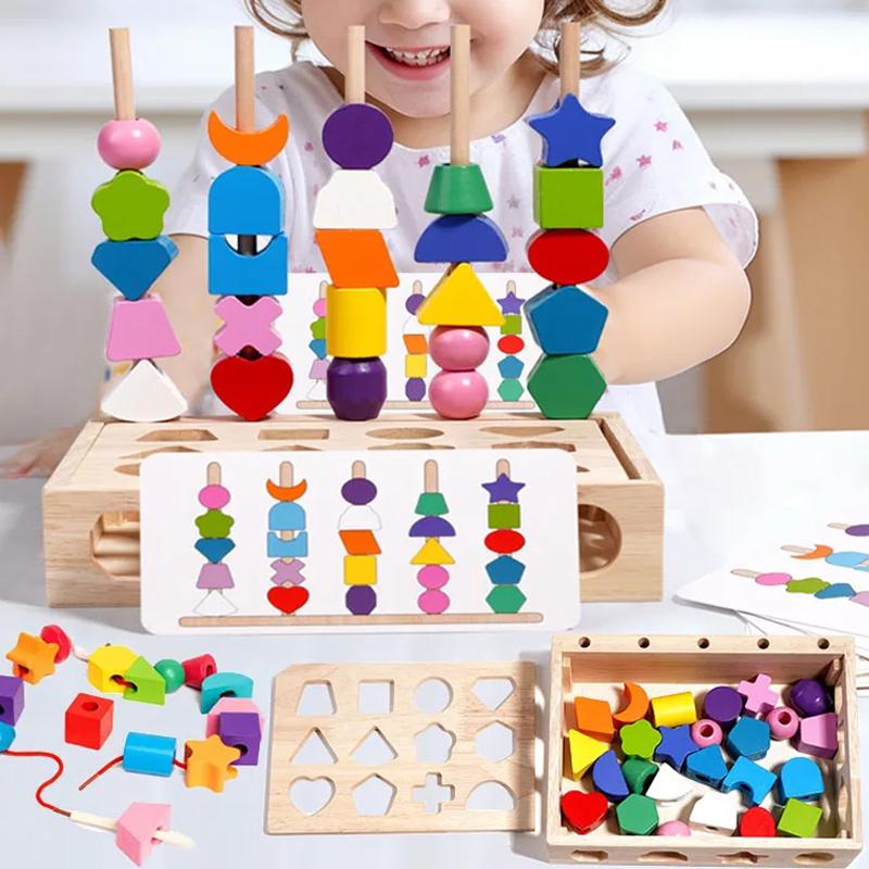 Toys Educational Toys 5 In1 Montessori Wooden Color Shape Cognition Blocks Matching Sorting Game Beaded Early for Children Gift