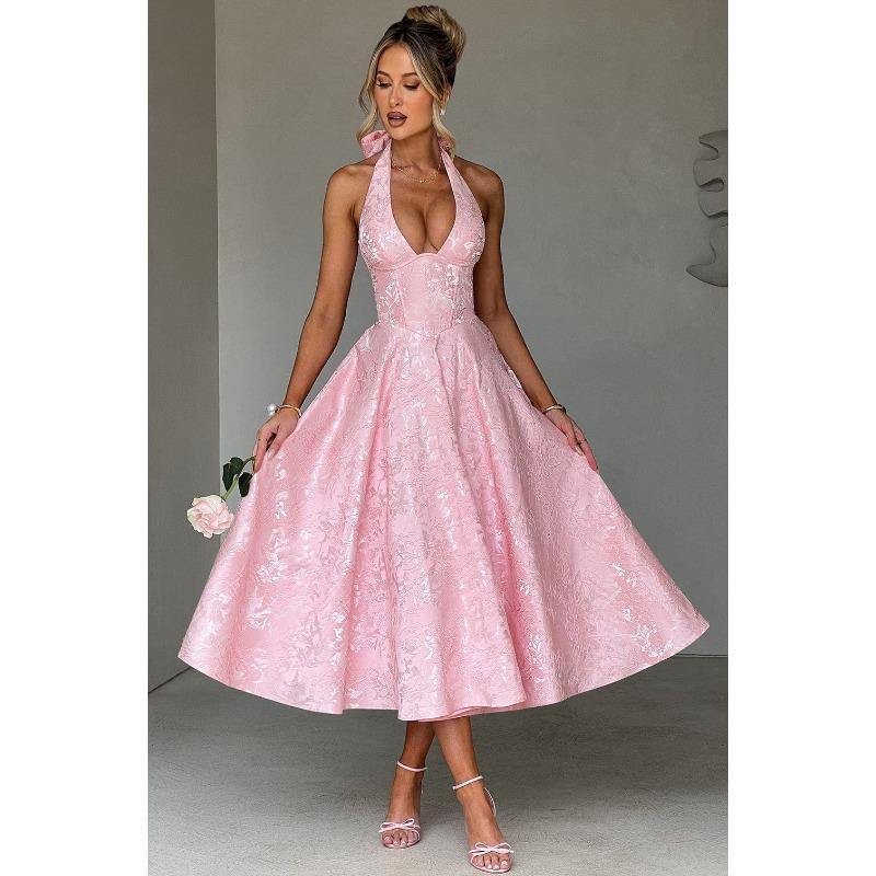 Sexy Elegant V Neck Halter High Waist A Line Long Evening Party Dress