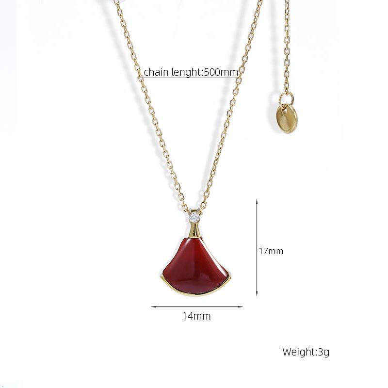 18K Gold Dress Necklace: Mother-of-Pearl & Rose Gold Fan-Shaped Chalcedony Pendant with Red Heart On Clavicle Chain