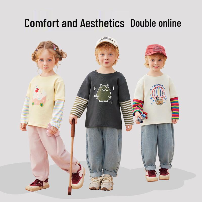 Kids' Spring Faux Two-Piece Cartoon Striped Long Sleeve T-Shirt