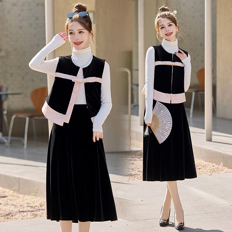 

Весенний бархатный и шелковый атласный комплект из двух частей: жилет и юбка в стиле колор-блок для женщин, SH036 M 105-115 lbs