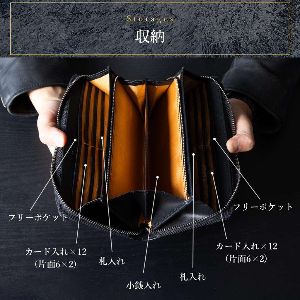 [Dom Teporna] Men's Large Capacity Wallet, Holds 24 Cards, Genuine Leather, YKK Zipper, Round Zipper, Coin Pocket, Gold Interior, Saffiano Leather/Bla