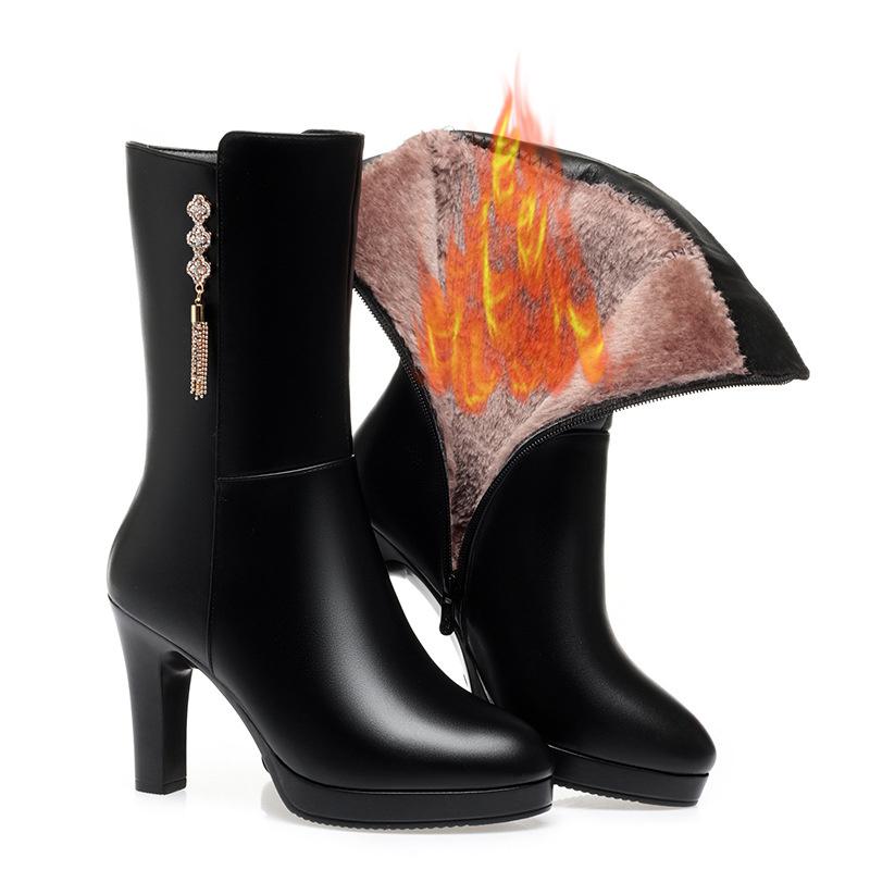 Women's Winter Warm Soft Fashion Leather Female Boots High-heeled Plush Trend Mid-calf Zipper Round Head Boots