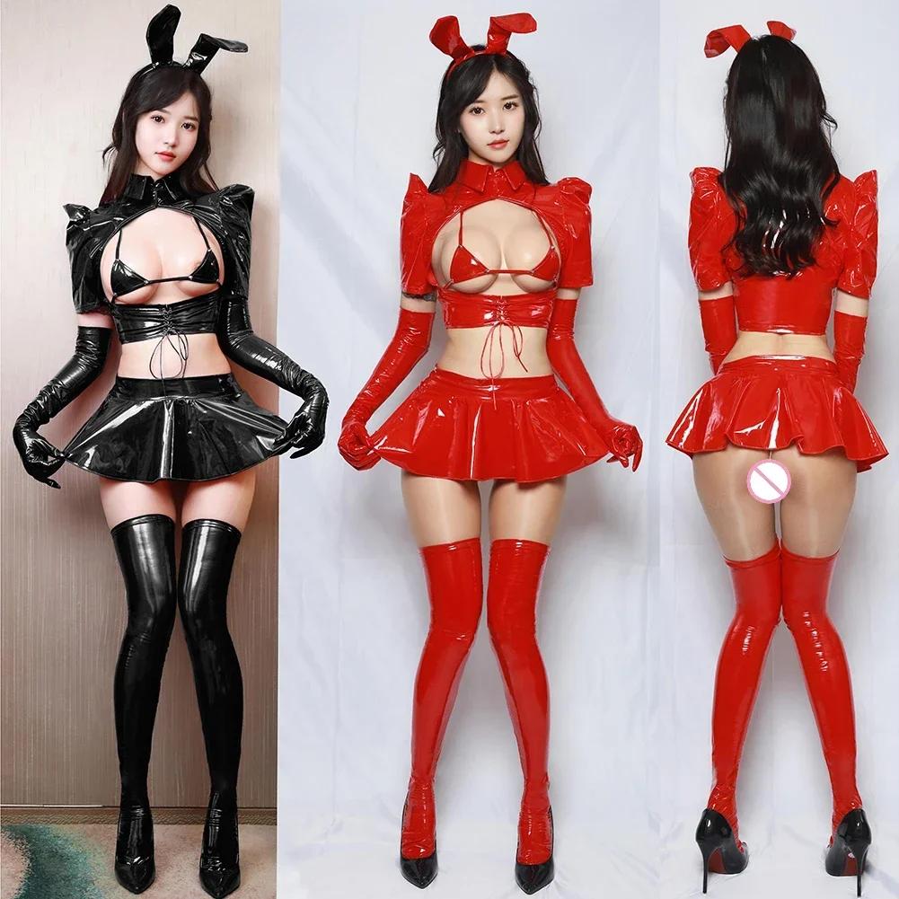 Women Sexy Lingerie Wet Look Patent Leather Set Nightwear Set 4PC Glossy Clubwear Bunny Girl Cosplay Uniform Party Sex Costume