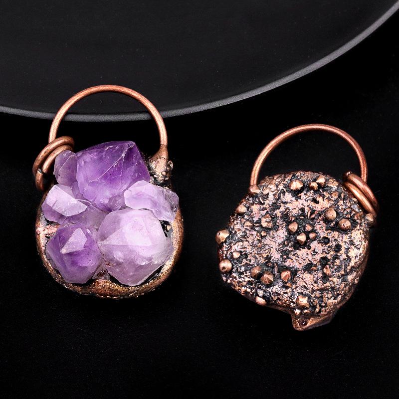 Natural Healing Stone Amethyst Irregulate Raw Stone Bronze Inlaid Pendants & Charms for Jewelry Making DIY Necklace Home Decor