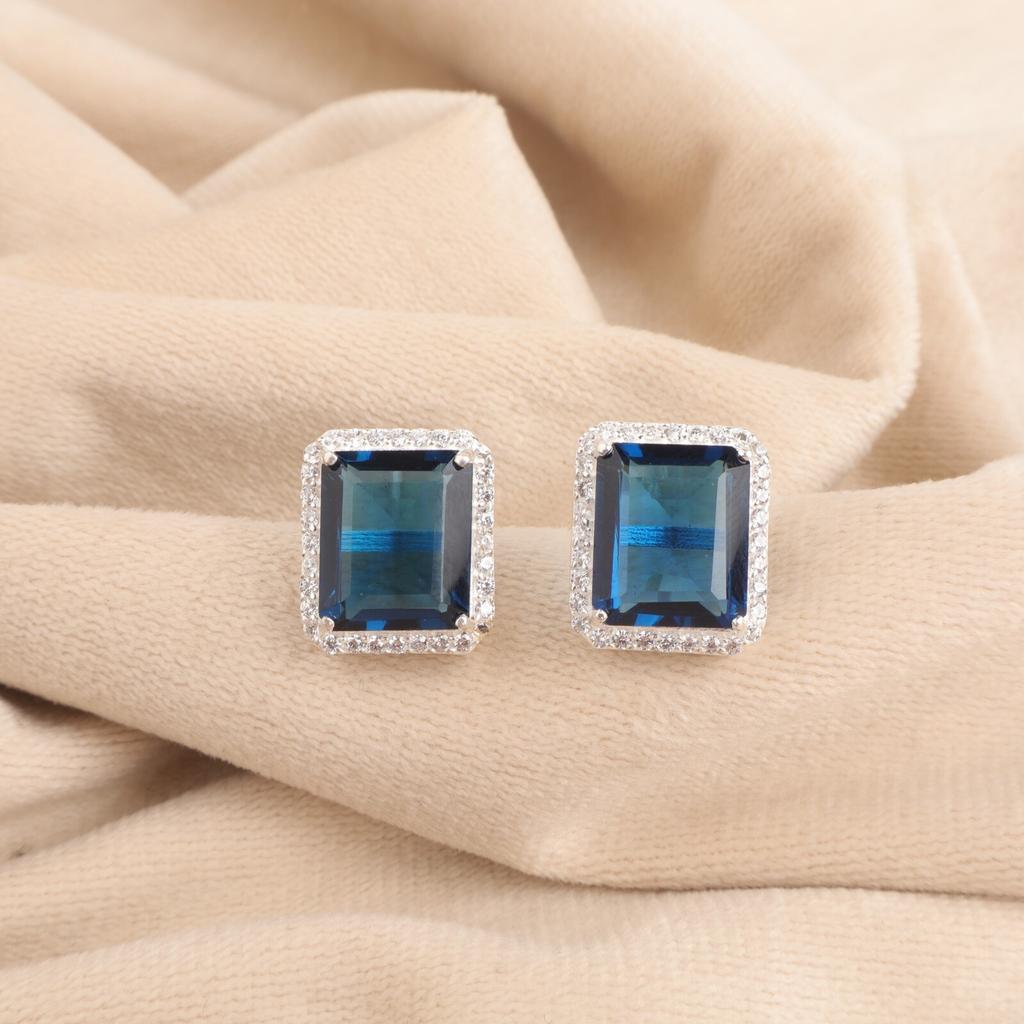 London Blue Topaz Gemstone 925 Stamped Silver Jewelry Zircon Stud Earrings 0.57" CZE-6-10