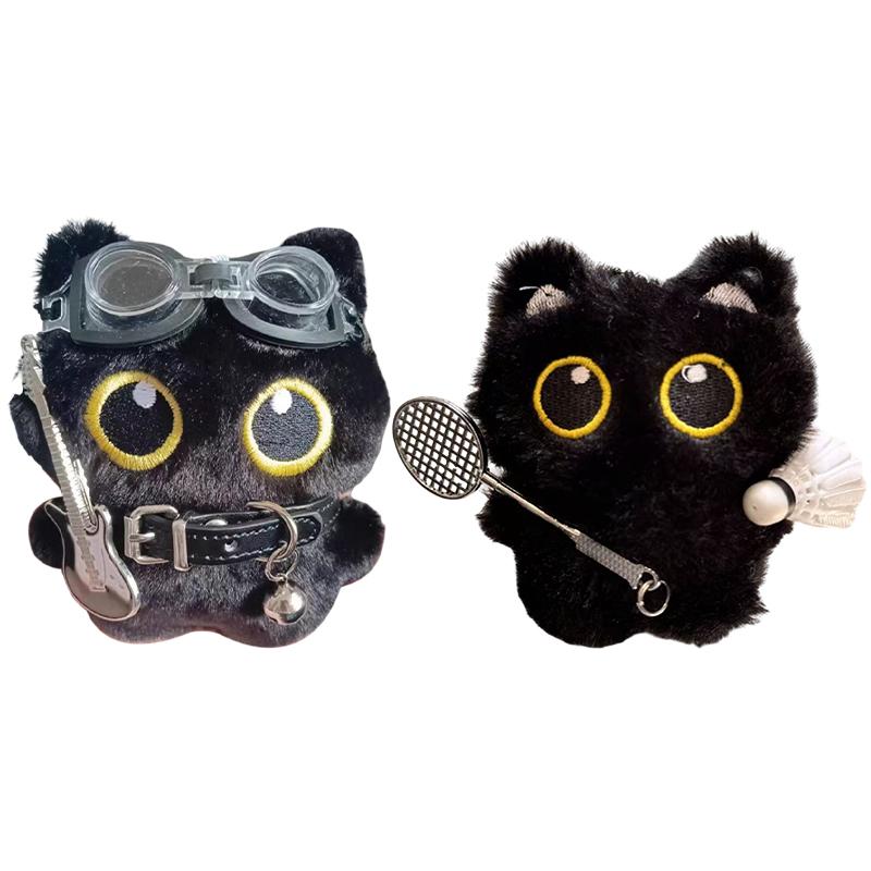 Cute Cartoon Black Cat Keychain Bag Pendant Backpack Hanging Ornaments Lovely Cat Doll With Camera Animal Car Keyring Kids Gift