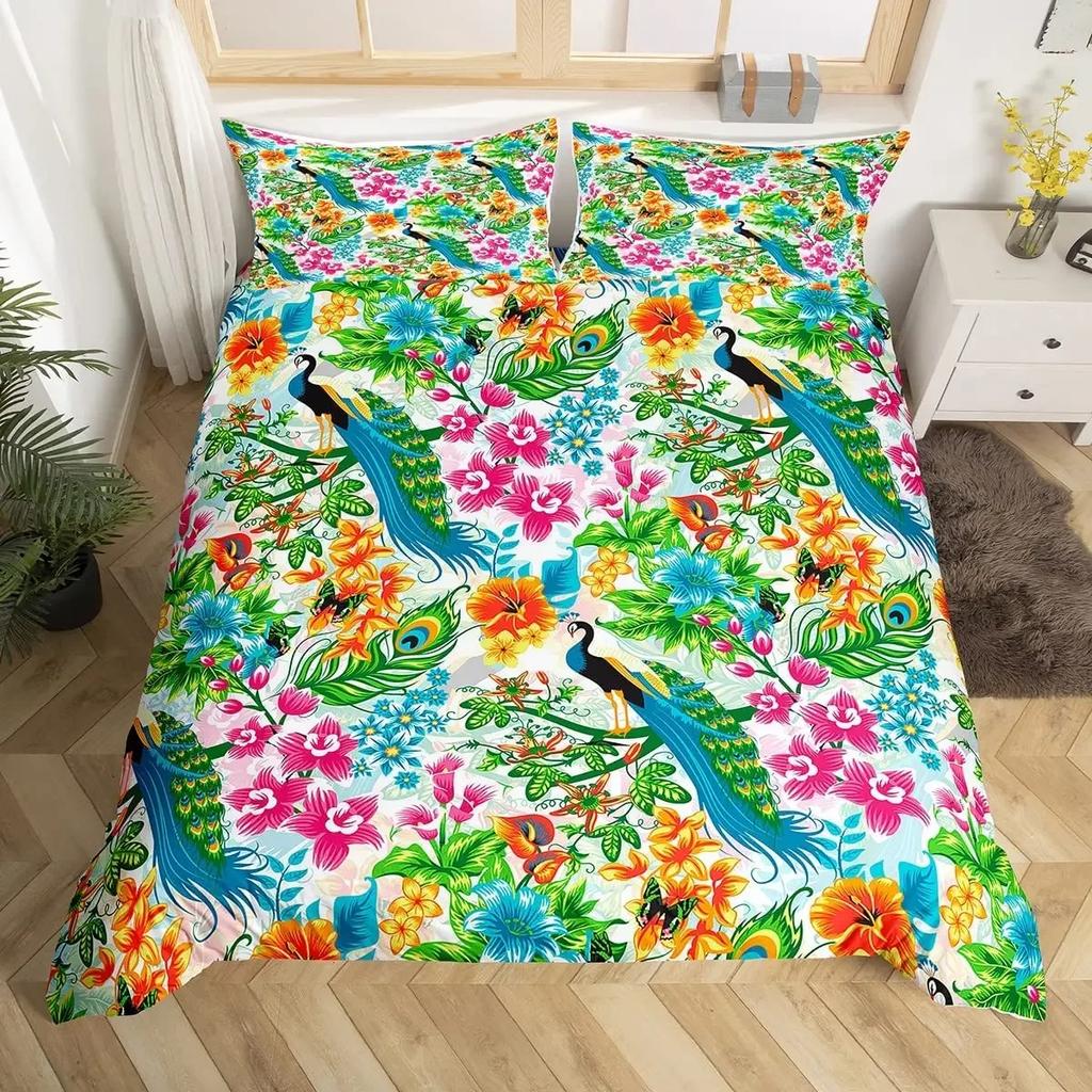 Conjunto de Capa de Edredom Pavão de Luxo Tamanho Twin King Queen Selva Selvagem Animal Capa de Colcha Microfibra Pássaro Exótico Animal Conjunto de Roupa de Cama