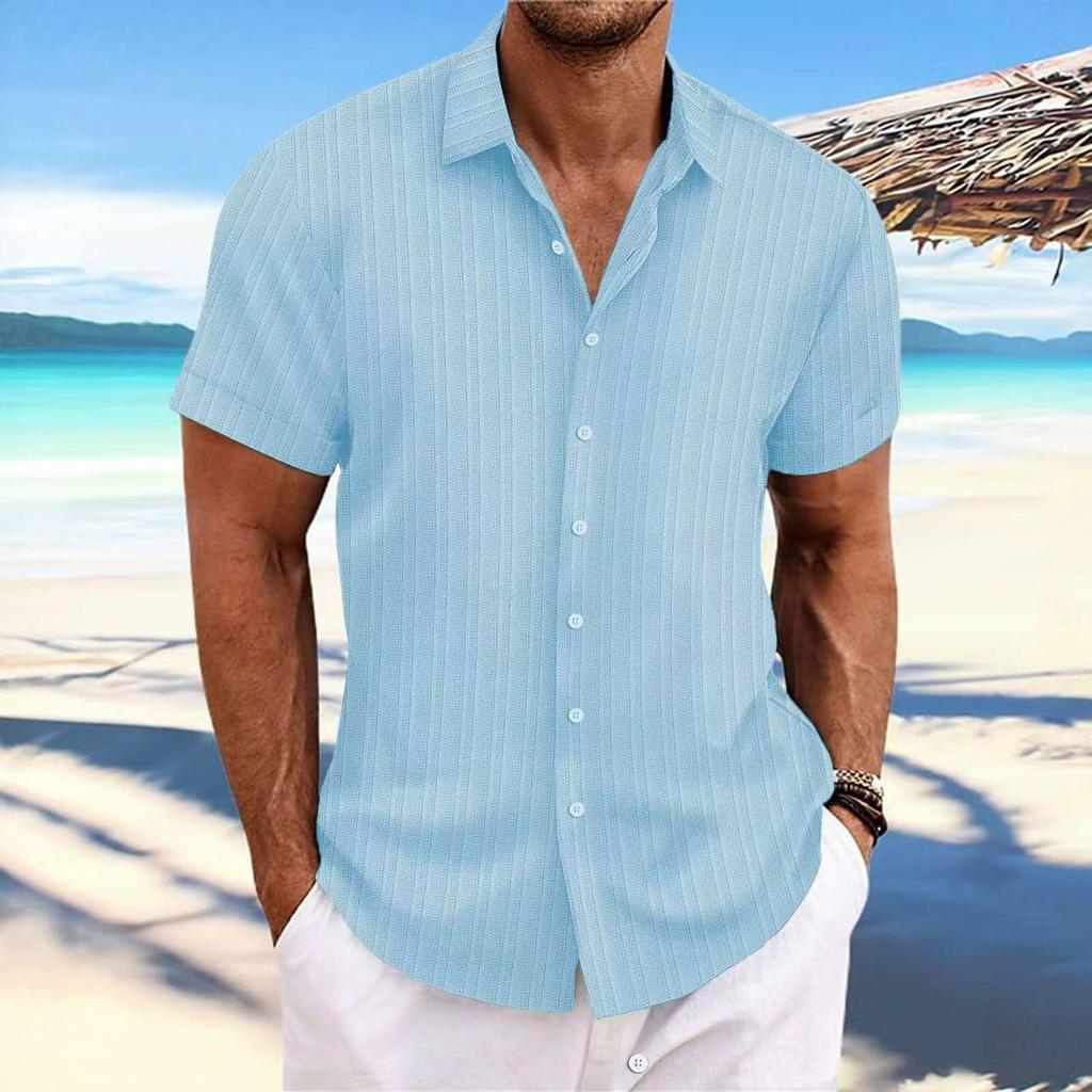 Men's Casual Striped Jacquard Cotton Linen Short-Sleeve Shirt