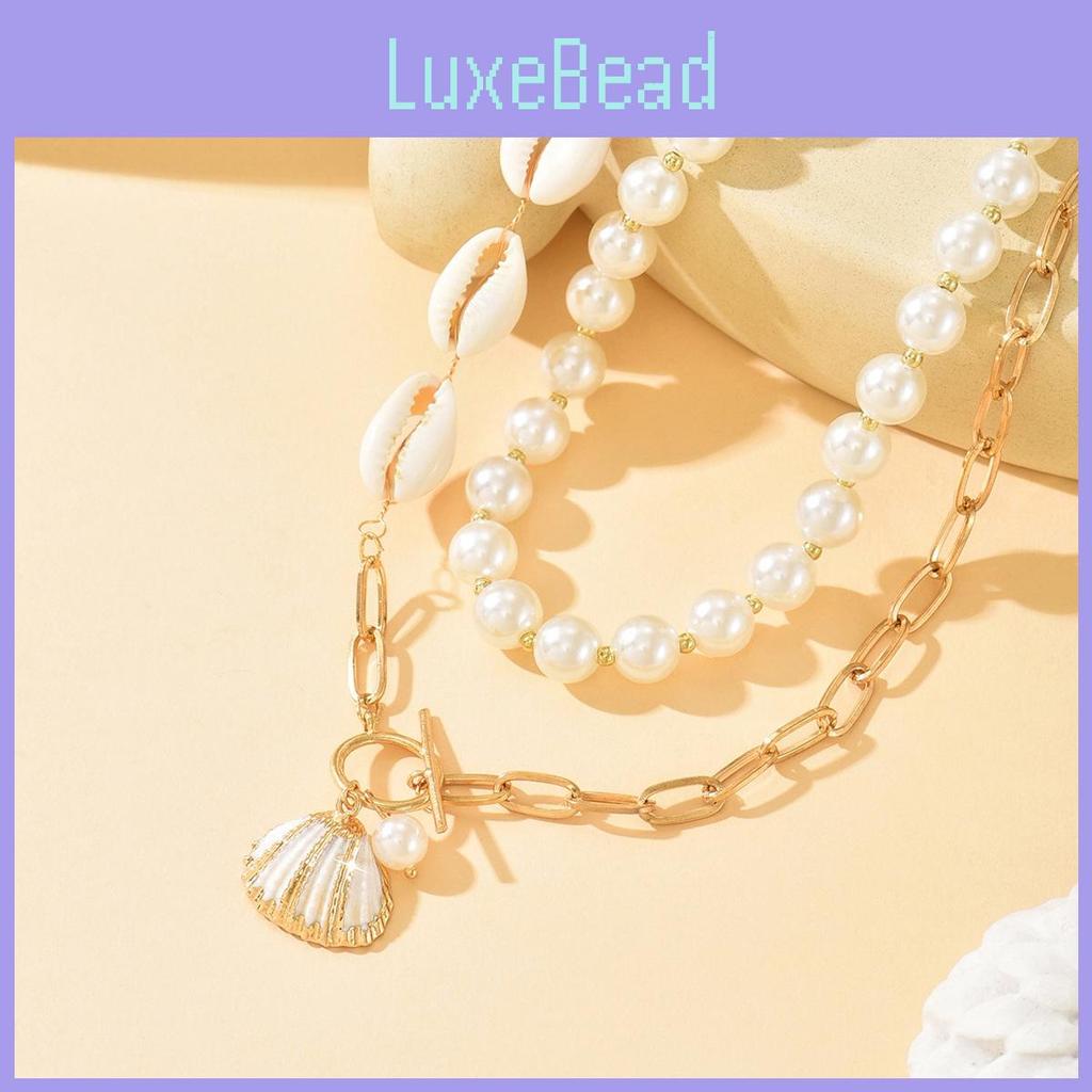 Seashell Necklace Boho Style Chunky Chain With Artificial Pearl For Summer Beach Vacation