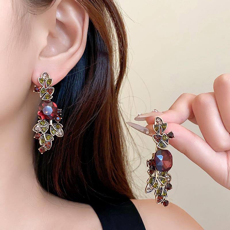 FYUAN Vintage Blatt Halskette Ohrringe für Damen Braune Kristallohrringe Bankett Hochzeiten Schmucksets
