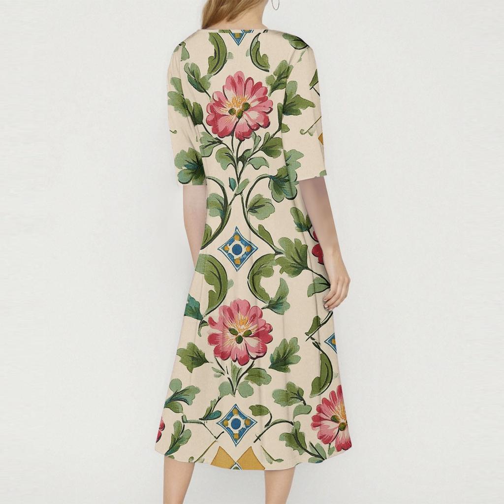 Women's Loose Casual And Fashionable Round Neck Seven Quarter Sleeved Printed Mid Length Dress