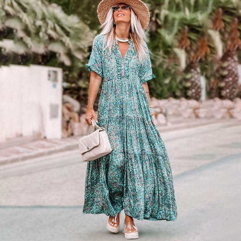 

Summer 2024V Neck Printed Half Sleeve Long Dress for Women Fashion Bohemia Style High Waist Slim Looking Short Sleeve Dress for Women Light Blue Size S fit (45.00 kg-55.00 kg