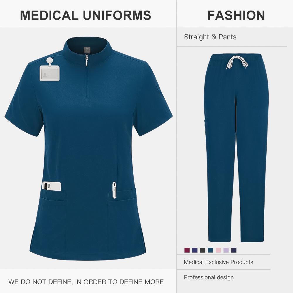Zippered Stand-Up Collar Scrub Suit with Straight-Leg Pants In Solid Color for Healthcare Professionals