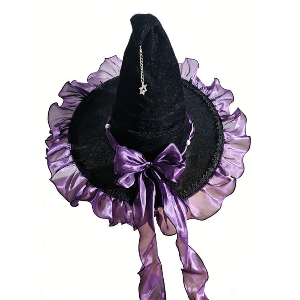 Satin Bow Halloween Hat Star Pendant Wizard Cap Party Props Masquerade Cap  Masquerade Ball