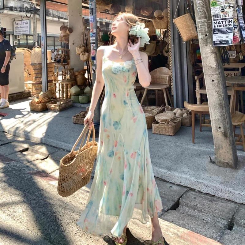 Dopamine Floral Suspender Dress Women's Xia Dingdal Dali Erhai Seaside Vacation Temperament Long Fishtail Skirt