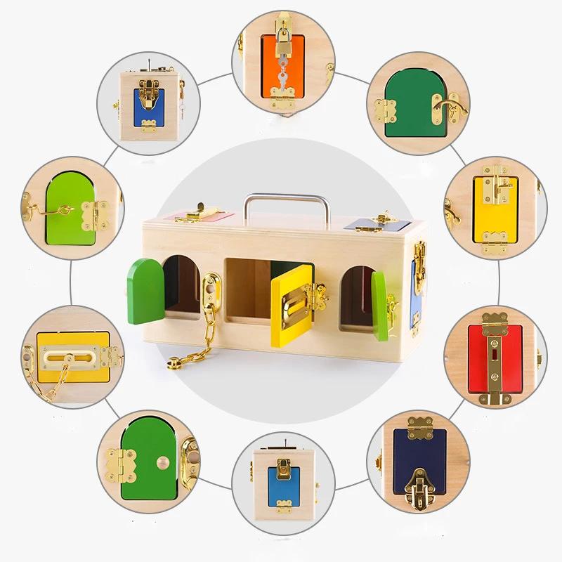 Montessori Lock Box Toy Wooden Activity Busy Board Game Practical Life Skill Toy Open The Lock Preschool Learning Education Toys