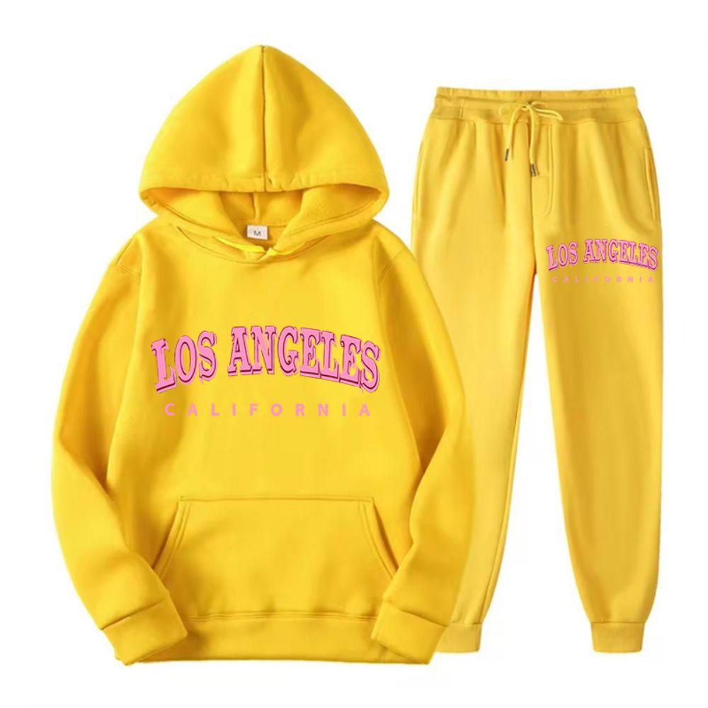Two Piece Set Street Womens Hoodie & Pants Fleece Pocket Loose Pullover Los Angeles California Print Clothes