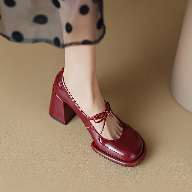 Vintage Patent Leather Mary Jane Shoes Women's Pump 2026 Spring Woman Bowcknot New Coarse Heel Club High Heels Shoes