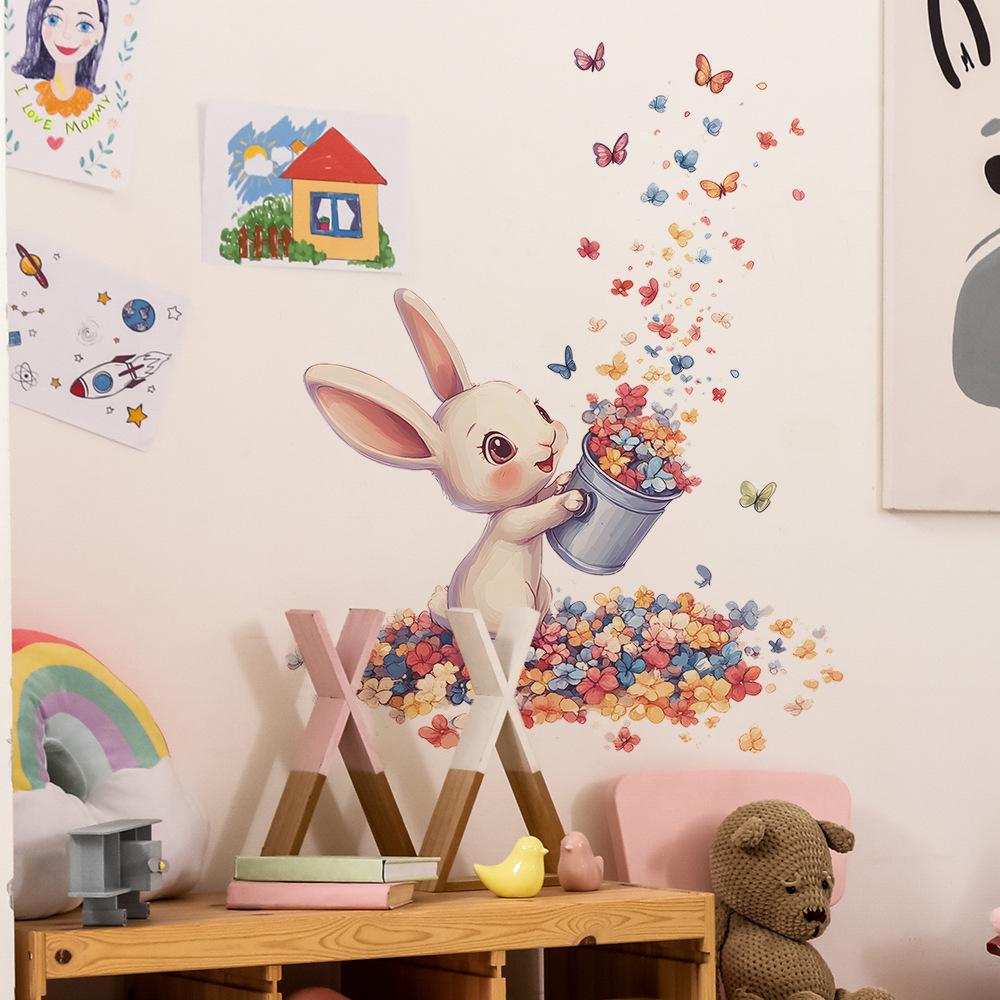 Cute Rabbit Floral Butterfly Wall Sticker Self-Adhesive Removable for Bedroom Living Room Kids Room Home Decor Art