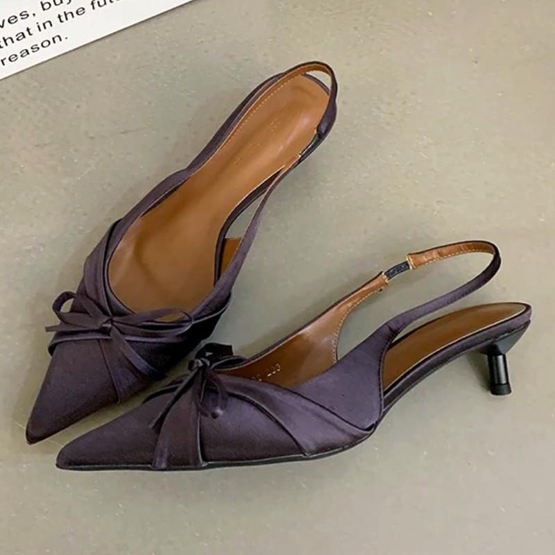 Elegant Bow Shallow Pumps Women Fashion Pointed Toe Slingbacks Evening Dress Shoes Comfortable Kitten Heel Brand Designer Shoes