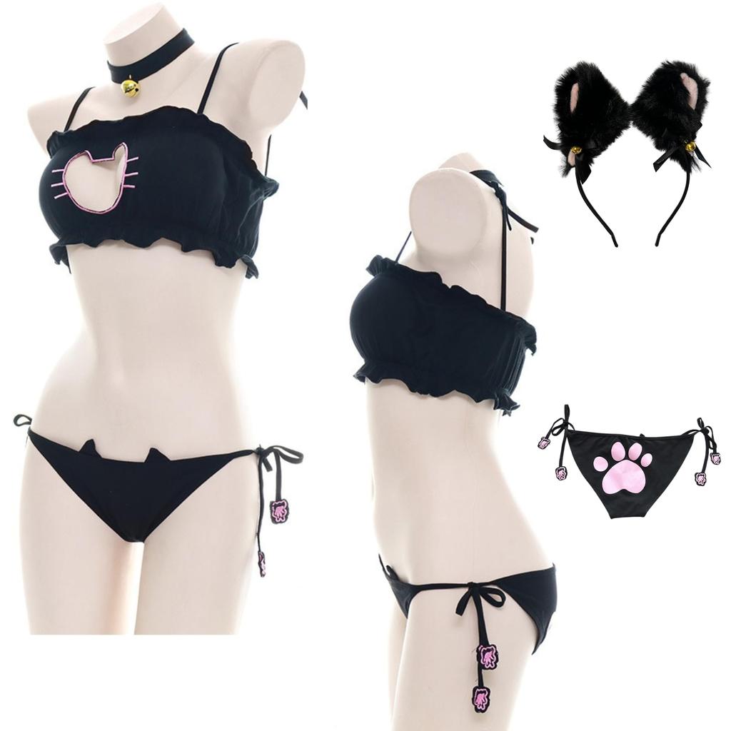 Kot Cosplay Seksowny Ładny Jednolity Zestaw 3 Częściowy z Czarnym Kotem Biały Kot Kostium Kot Boże Narodzenie Halloween Zwierzę Zwierzę Bielizna Popularne Przebranie Kot Kostium