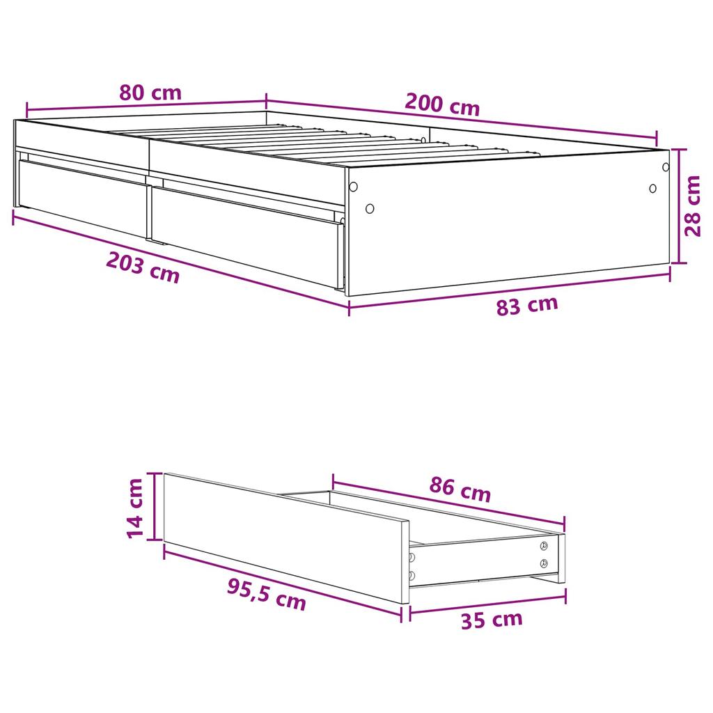 Bed Frame with Storage Sonoma Oak 80 x 200 cm Engineered Wood