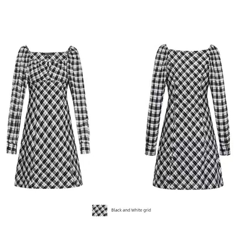

Платье Мода Женская одежда Новое Черно-белая клетка Гингем Открытые плечи Квадратный вырез Рукава-пузыри Длинный рукав Модный стиль Облегающее Миди-юбка Black and white plaid M