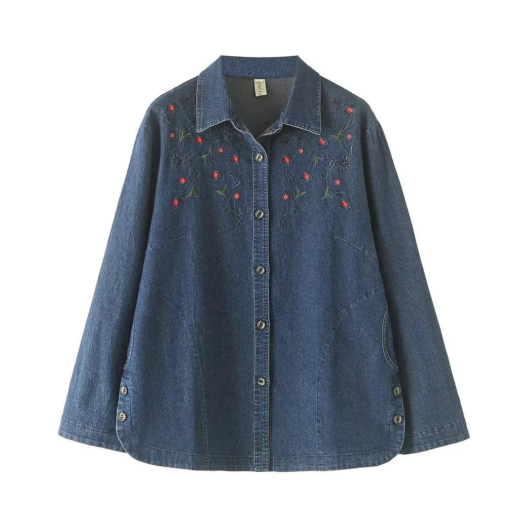 Giacca di Jeans da Donna Primaverile Taglie Forti a Maniche Lunghe Ricamo Temperamento Camicia di Jeans Comoda