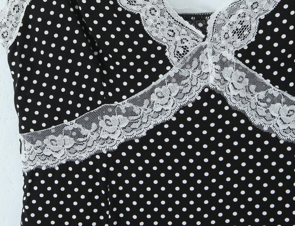 Women's Retro French Polka Dot Maxi Dress: Slim Fit, Strappy, V-Neck, Lace Patchwork, Early Spring Collection