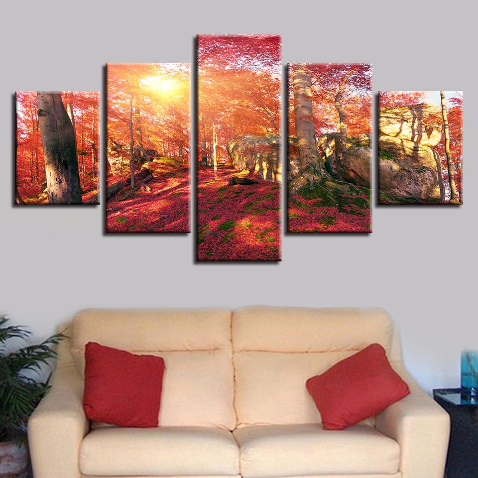 

Картина на холсте, 5 шт., HD-принты, пейзаж, картина, красный лес, солнечный свет, постер, домашний декор, украшение гостиной, картины Medium Size Unframed Canvas