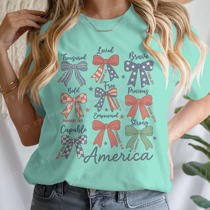 4th Of July Bows America Print Tshirt For Women Summer Casual Tshirts Short Sleeve Tops July 4th Gifts Independence Day Tshirt