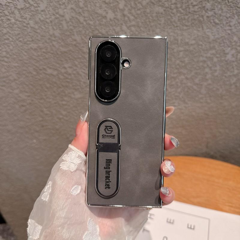 For Samsung Galaxy Z Fold 8 7 6 5 4 3 Phone Case, Skin-like Feel, Electroplated PC Leather, Finger Ring Stand,
