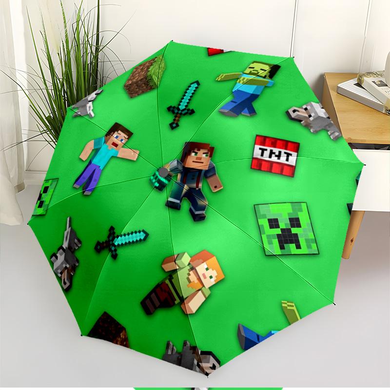 Minecraft Print Automatic Open Close Umbrella, Portable Foldable Umbrella, for Outdoor Commute Camping Trip, Ideal Birthday Gift
