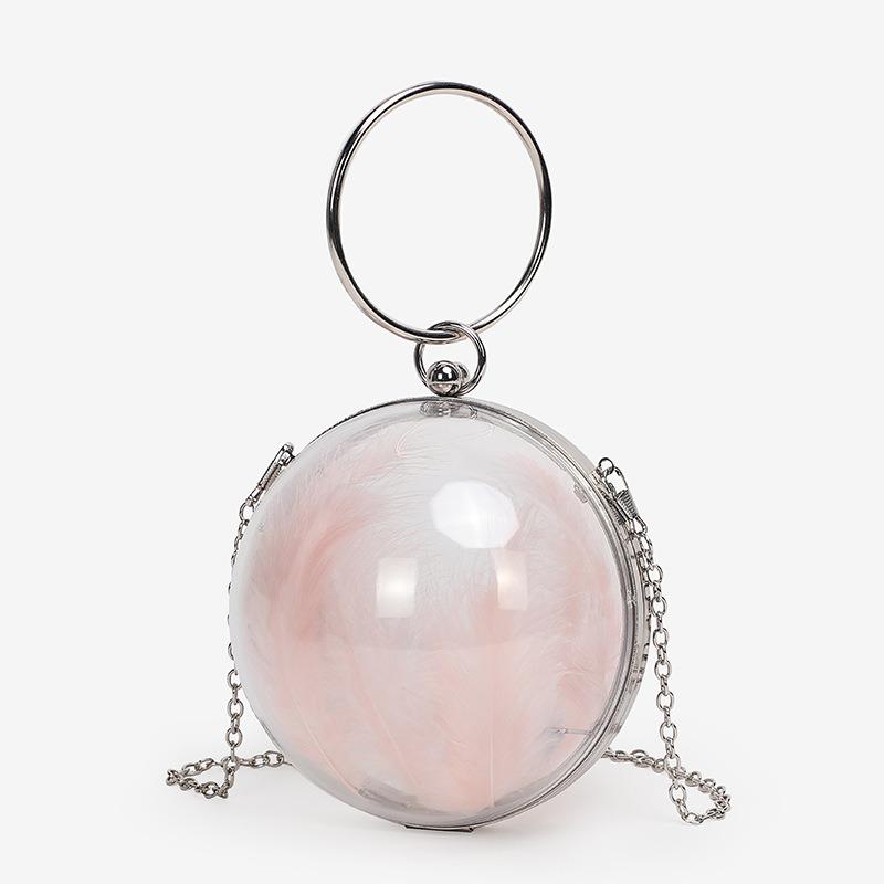 Women's bag new sweet lady transparent feather small round bag personalized shoulder messenger chain dinner bag