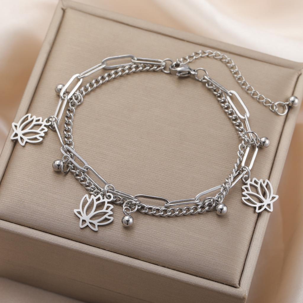 Lucktune Lotus Flower Charms Bracelets Stainless Steel Buddhism Gold Color Chain Bracelet for Women Fashion Boho Jewelry Gift